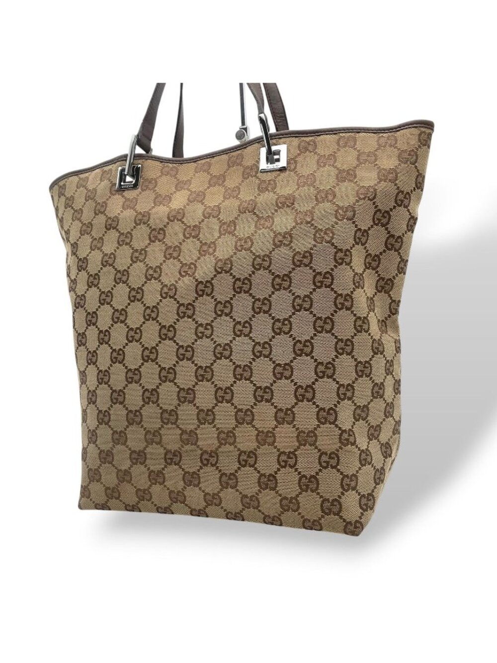 Gucci Tote Handle GG Canvas Leather Beige Dark Brown Silver Classic Simple